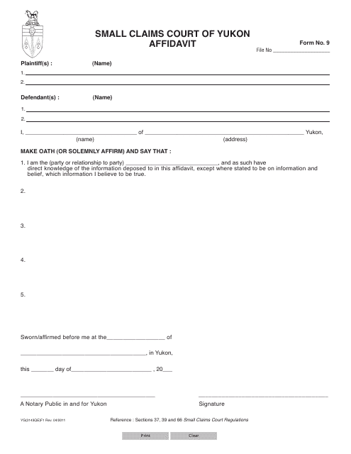 Form 9 (YG3143) Affidavit - Yukon, Canada