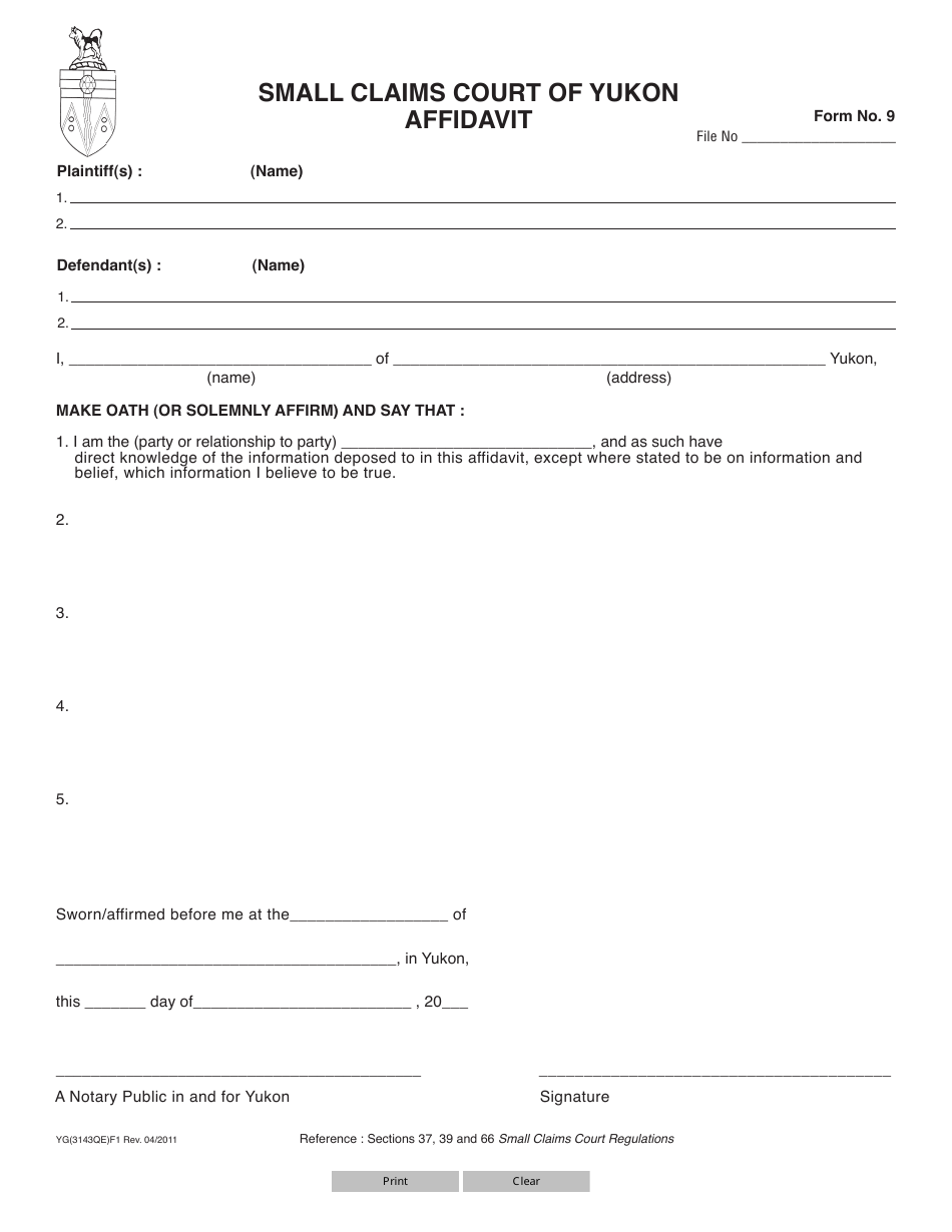 Form 9 (YG3143) Affidavit - Yukon, Canada, Page 1