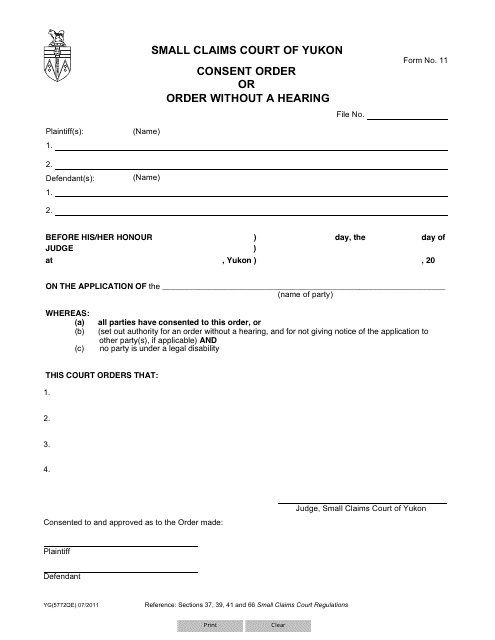 Form 11 (YG5772) Consent Order or Order Without a Hearing - Yukon, Canada