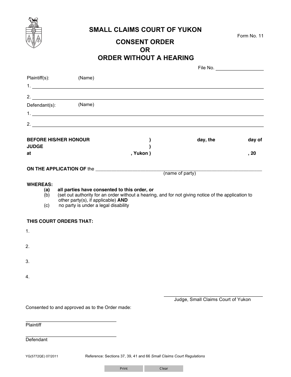 Form 11 (YG5772) Consent Order or Order Without a Hearing - Yukon, Canada, Page 1