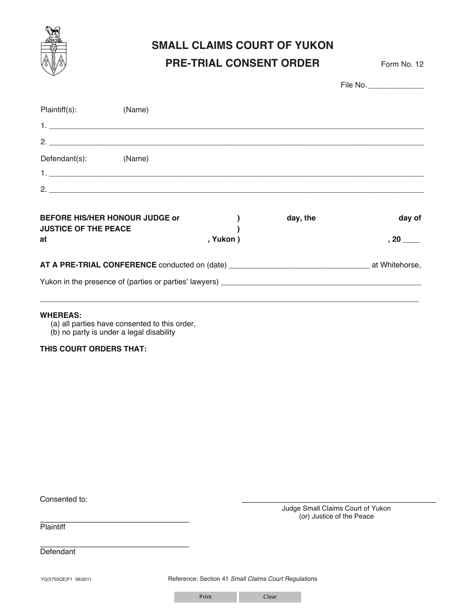 Form 12 (YG5755) Pre-trial Consent Order - Yukon, Canada, Page 1