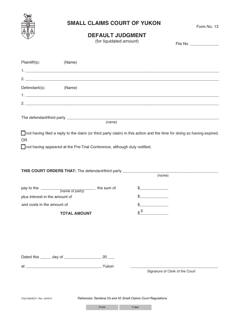 Form 13 (YG3139) Default Judgment - Yukon, Canada