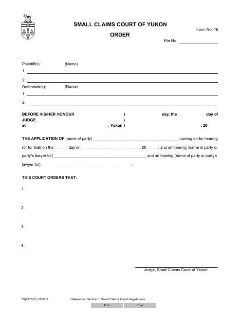 Form 16 (YG5773) Order - Yukon, Canada