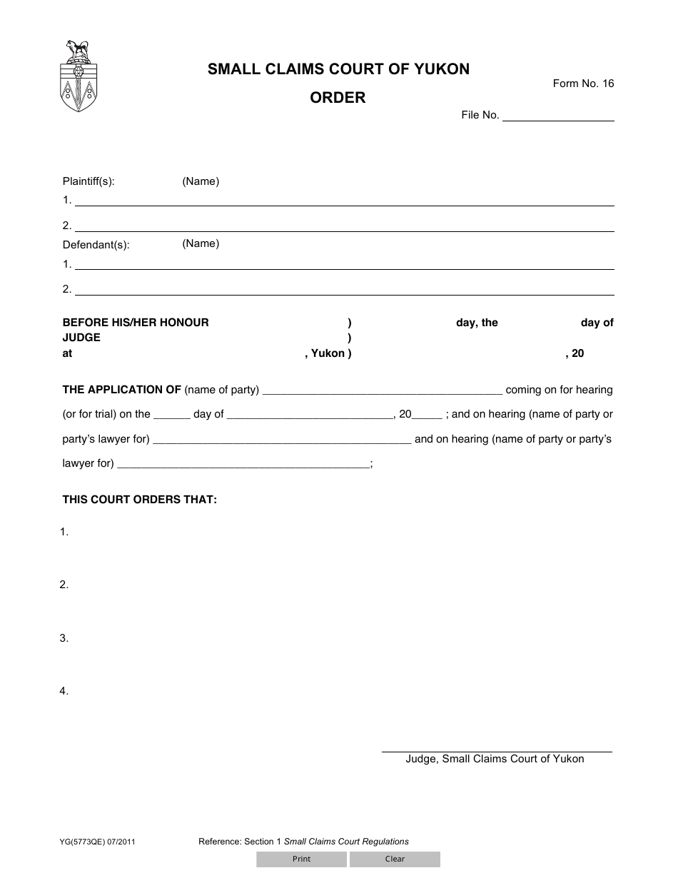 Form 16 (YG5773) Order - Yukon, Canada, Page 1