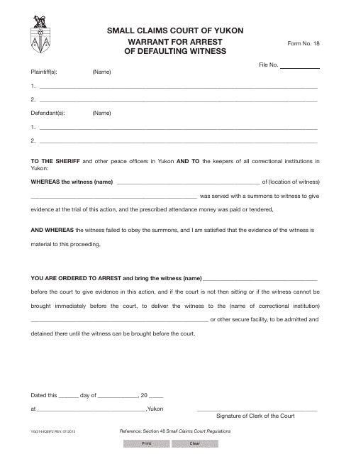 Form 18 (YG3144) Warrant for Arrest of Defaulting Witness - Yukon, Canada