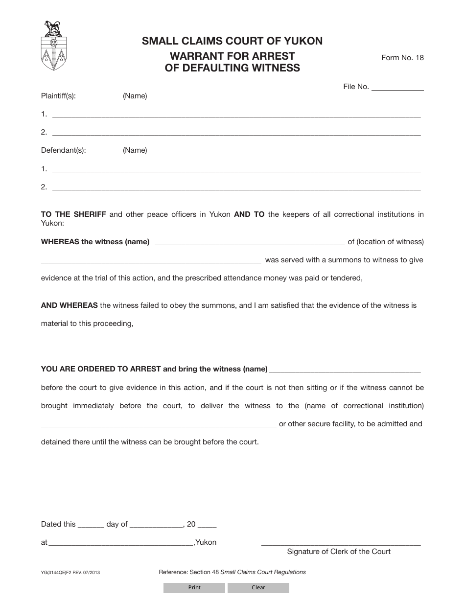 Form 18 (YG3144) Warrant for Arrest of Defaulting Witness - Yukon, Canada, Page 1
