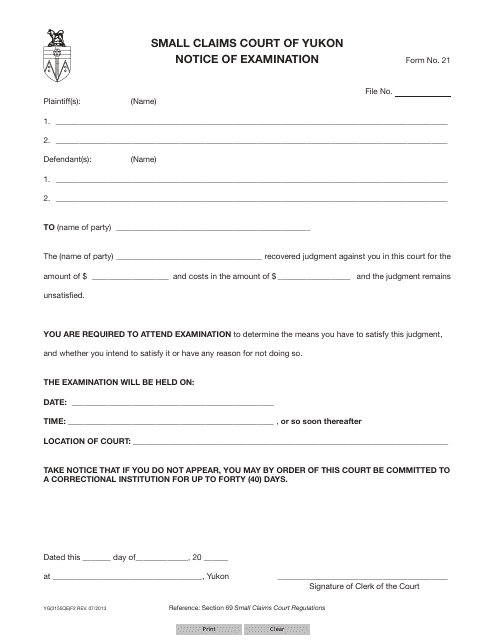 Form 21 (YG3155) Notice of Examination - Yukon, Canada