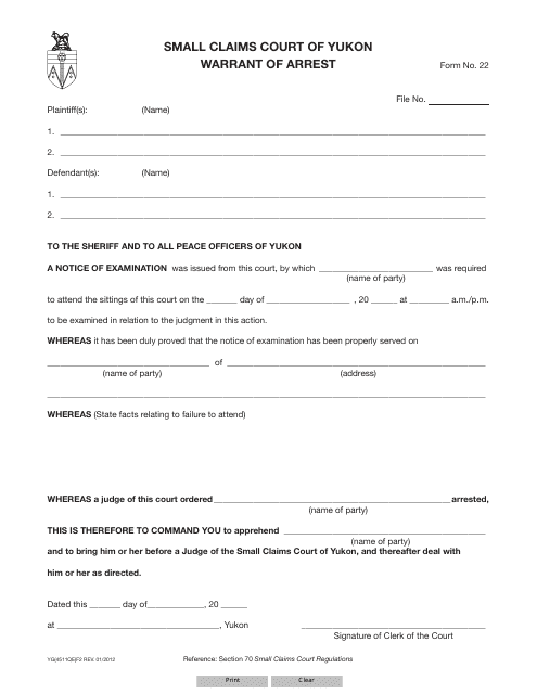 Form 22 (YG4511) Warrant of Arrest - Yukon, Canada