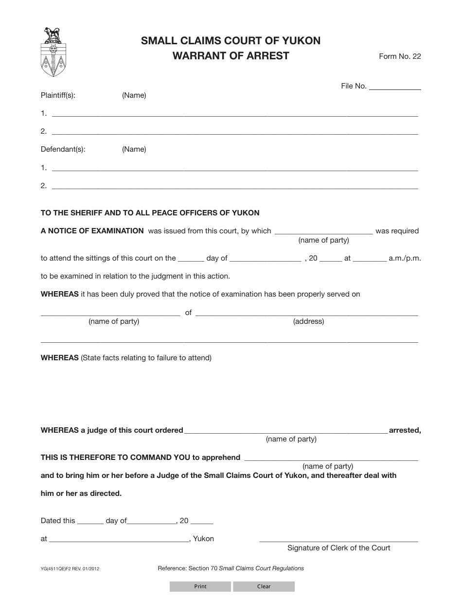 Form 22 (YG4511) Warrant of Arrest - Yukon, Canada, Page 1