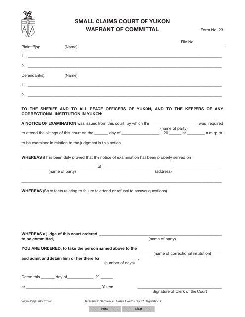 Form 23 (YG3145) Warrant of Committal - Yukon, Canada