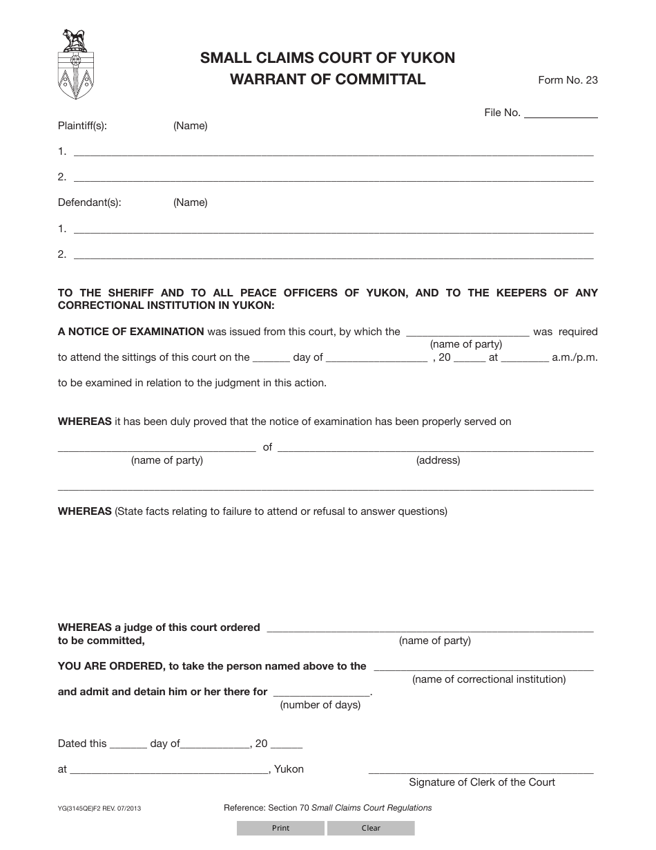 Form 23 (YG3145) Warrant of Committal - Yukon, Canada, Page 1