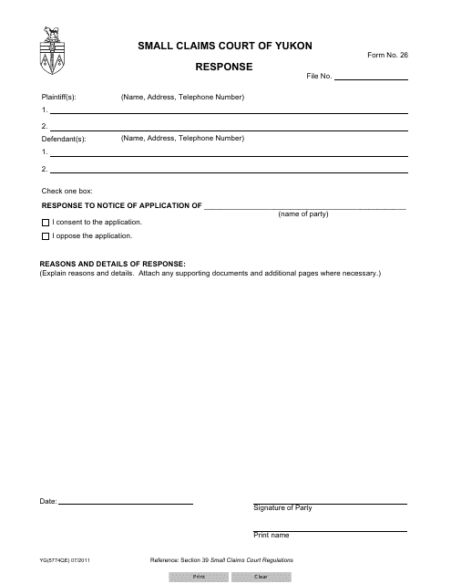 Form 26 (YG5774) Response - Yukon, Canada