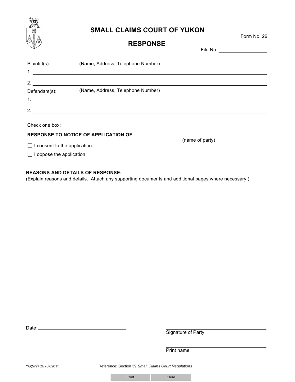 Form 26 (YG5774) Response - Yukon, Canada, Page 1