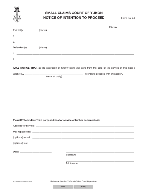 Form 24 (YG3135) Notice of Intention to Proceed - Yukon, Canada
