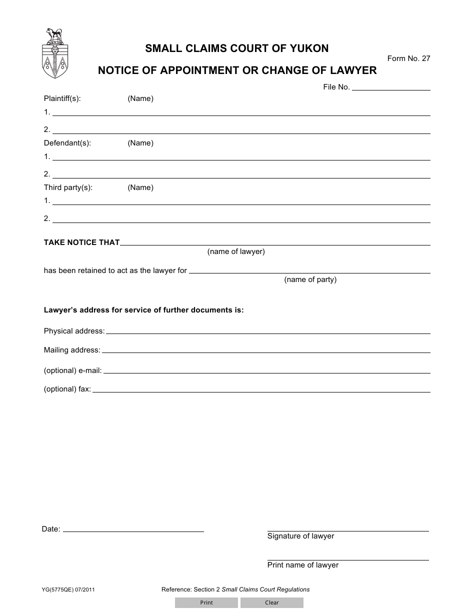 Form 27 (YG5775) Notice of Appointment or Change of Lawyer - Yukon, Canada, Page 1