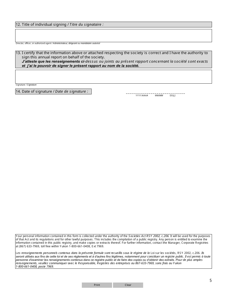 Form 6 (YG6213) Annual Report of Yukon Society - Yukon, Canada (English / French), Page 5