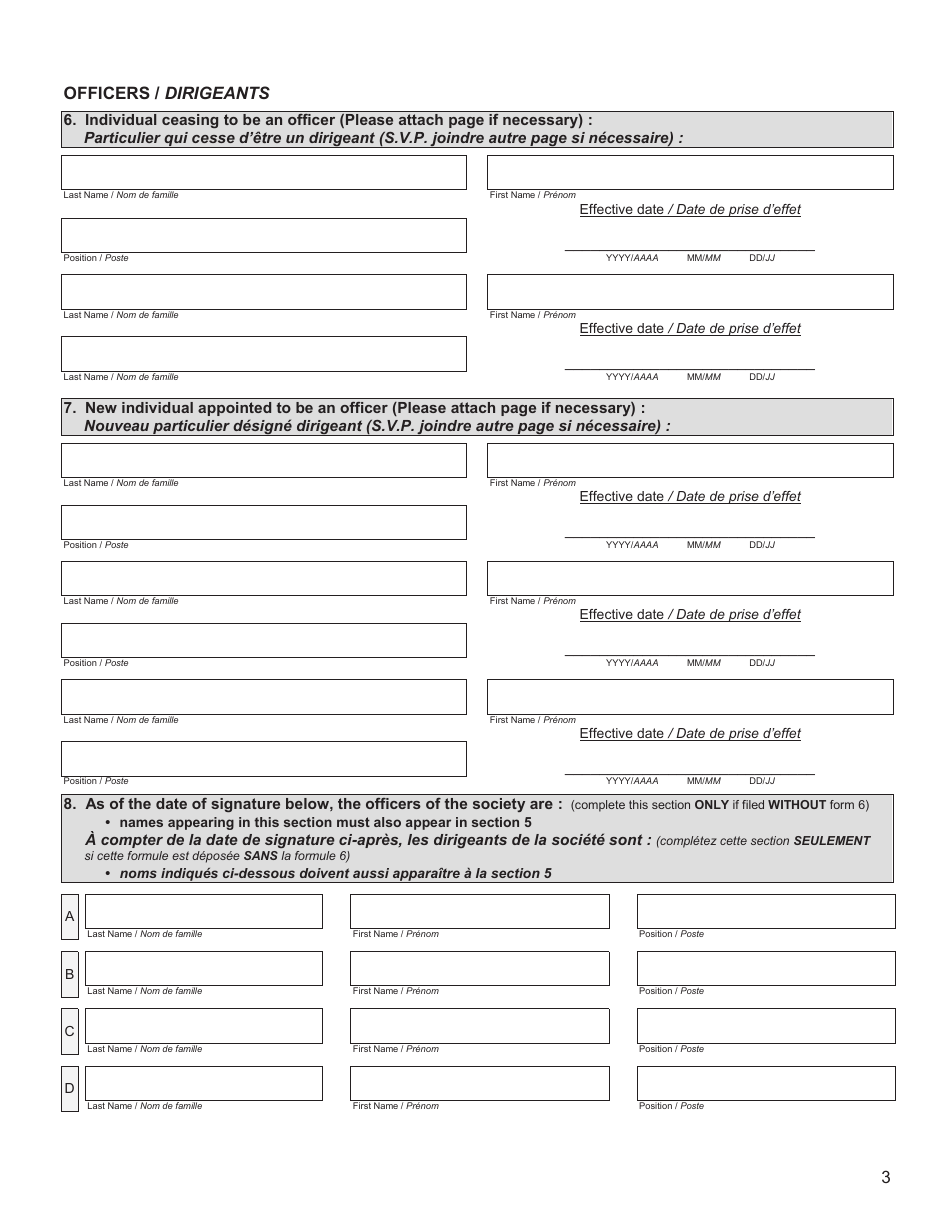 Form 2 (YG6167) Notice of Change of Directors and Officers - Yukon, Canada (English / French), Page 3