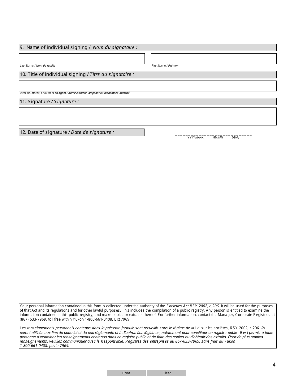 Form 2 (YG6167) Notice of Change of Directors and Officers - Yukon, Canada (English / French), Page 4