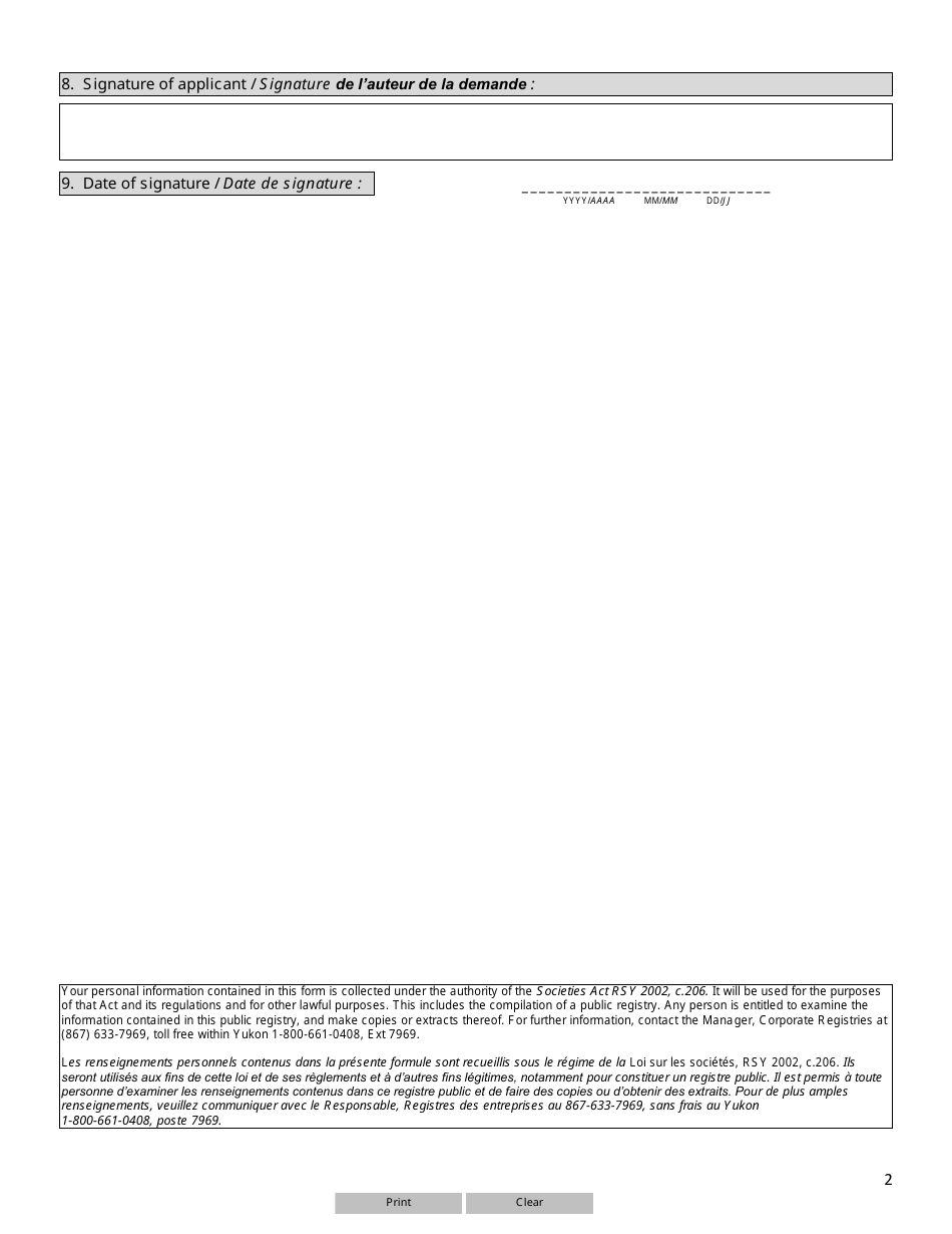 Form 9 (YG6169) Articles of Revival - Yukon, Canada (English / French), Page 2