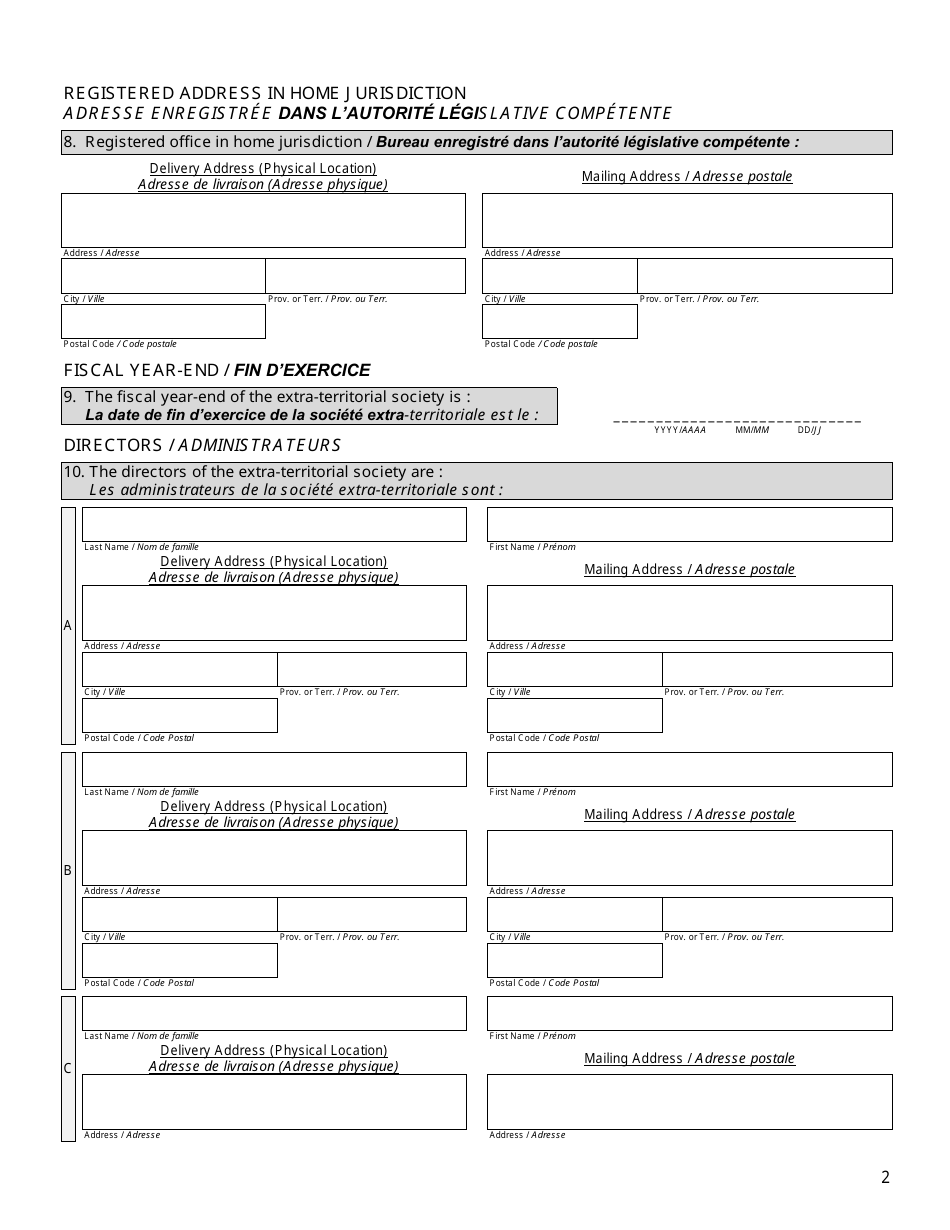 Form 11 (YG6170) Statement for Registration as an Extra-territorial Society - Yukon, Canada (English / French), Page 2