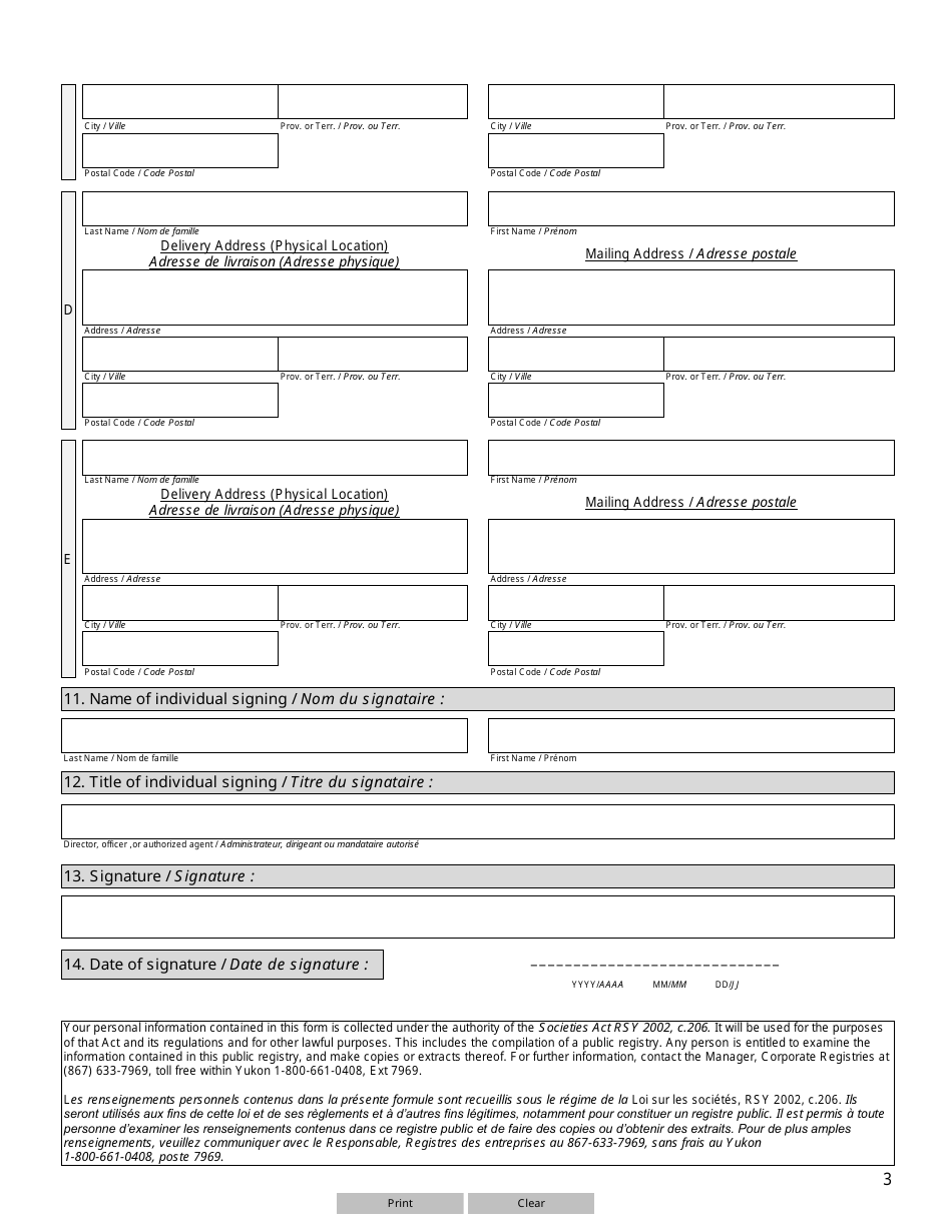 Form 11 (YG6170) Statement for Registration as an Extra-territorial Society - Yukon, Canada (English / French), Page 3