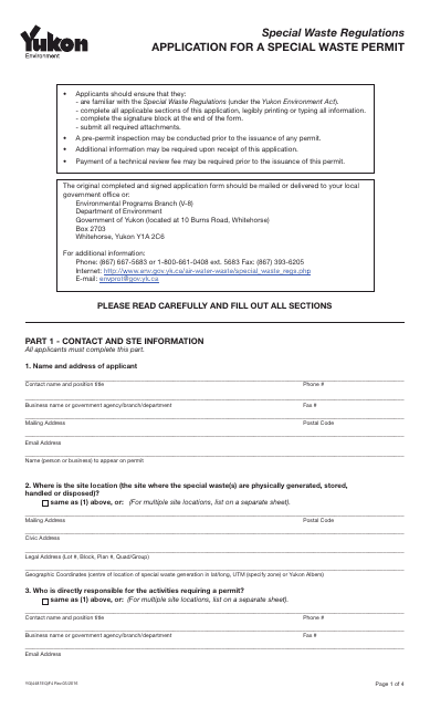 Form YG4481 Application for a Special Waste Permit - Yukon, Canada