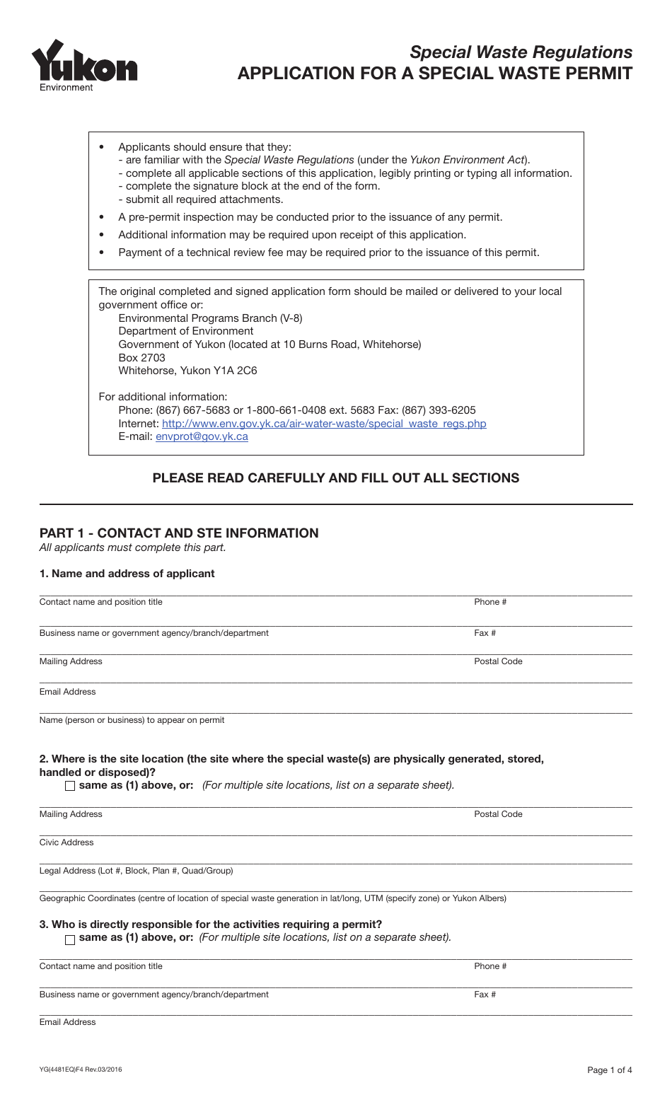 Form YG4481 Application for a Special Waste Permit - Yukon, Canada, Page 1