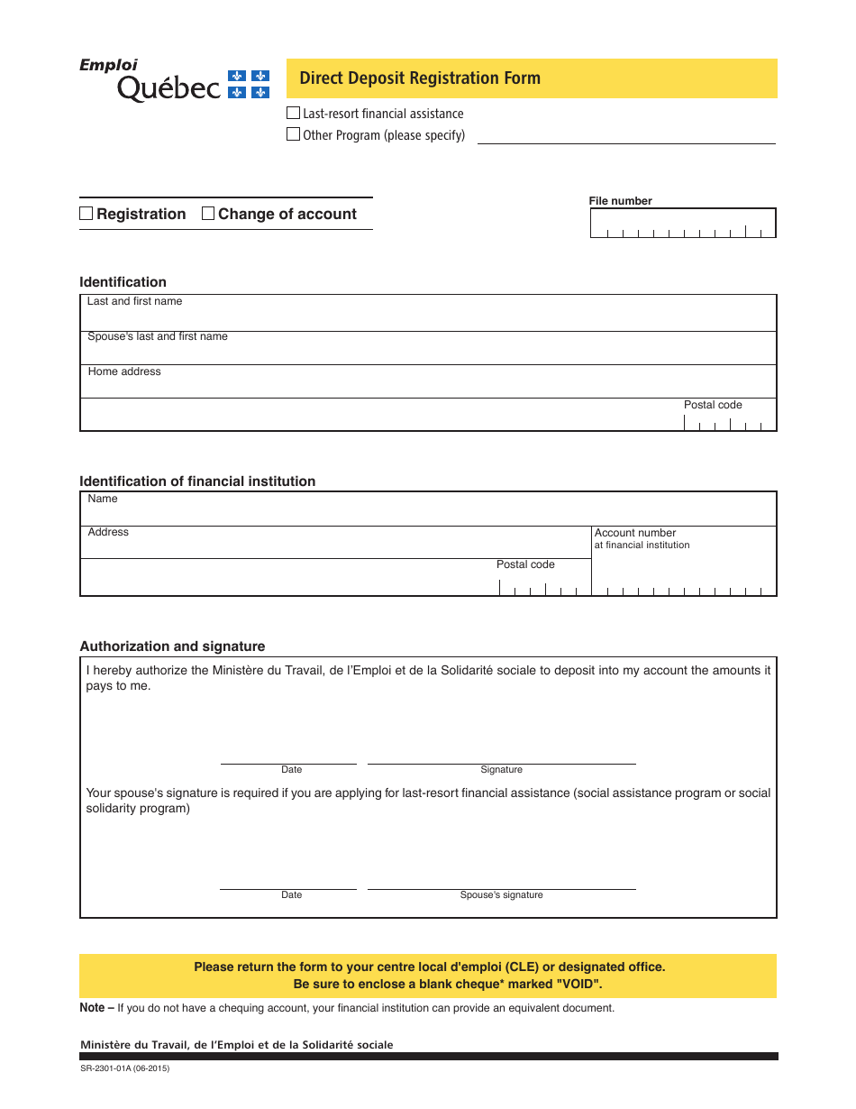 Form SR-2301-01A Direct Deposit Registration Form - Quebec, Canada, Page 1