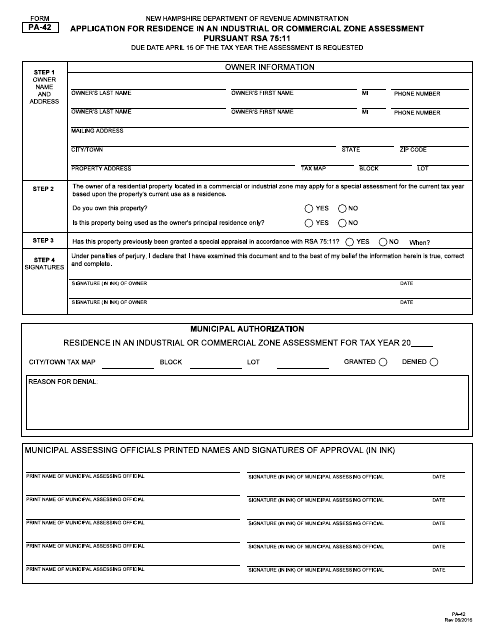 Form PA-42 Application for Residence in an Industrial or Commercial Zone Assessment - New Hampshire