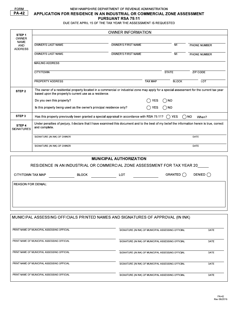 Form PA-42 Application for Residence in an Industrial or Commercial Zone Assessment - New Hampshire, Page 1