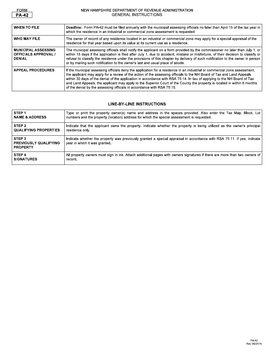 Form PA-42 Application for Residence in an Industrial or Commercial Zone Assessment - New Hampshire, Page 2