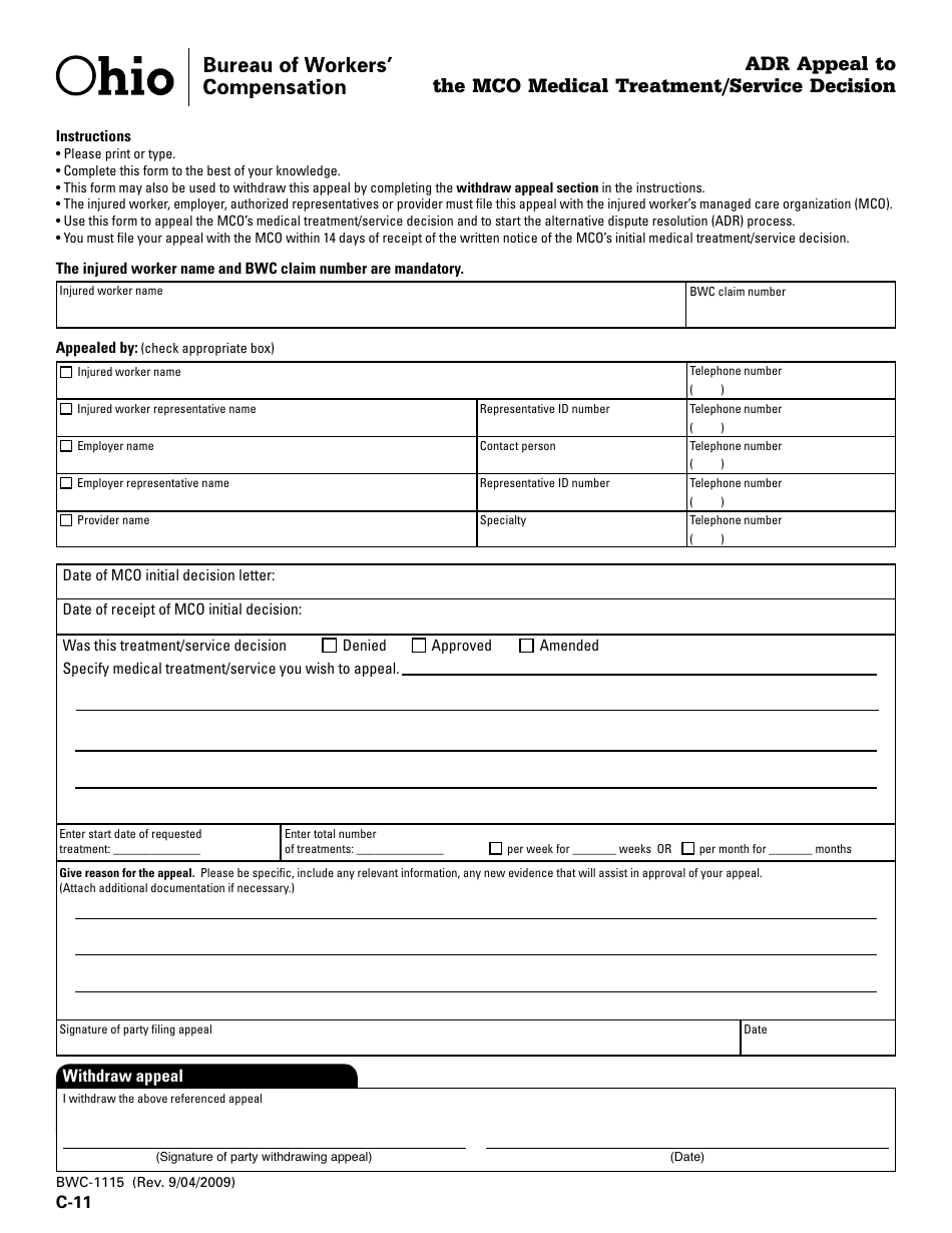 Form C-11 (BWC-1115) Adr Appeal to the Mco Medical Treatment / Service Decision - Ohio, Page 1