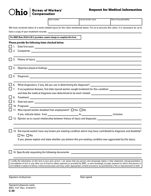 Form C-30 (BWC-1141) Request for Medical Information - Ohio