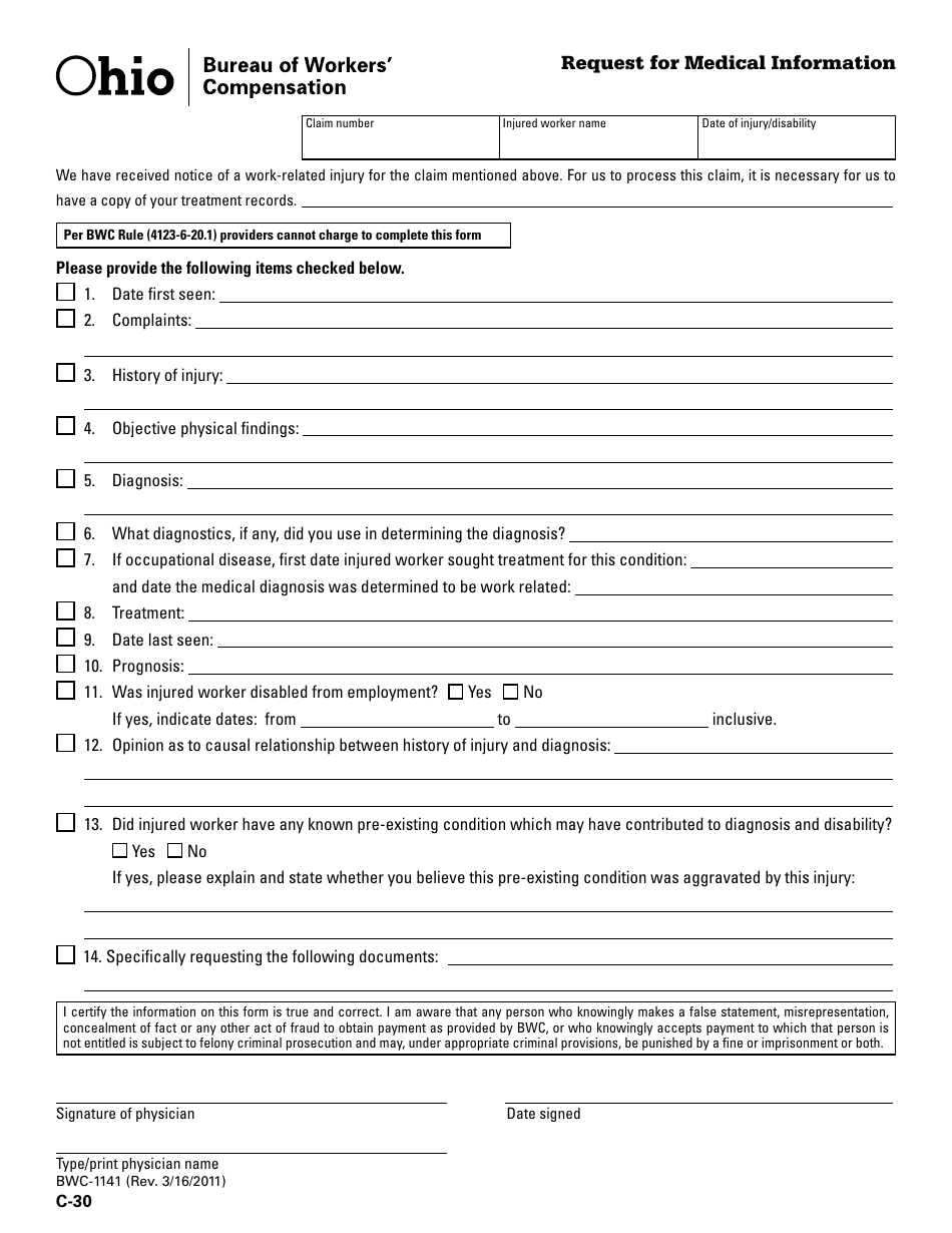Form C-30 (BWC-1141) Request for Medical Information - Ohio, Page 1