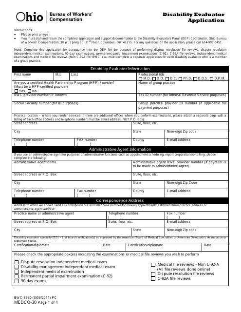 Form MEDCO-30 (BWC-3930) Disability Evaluator Application - Ohio