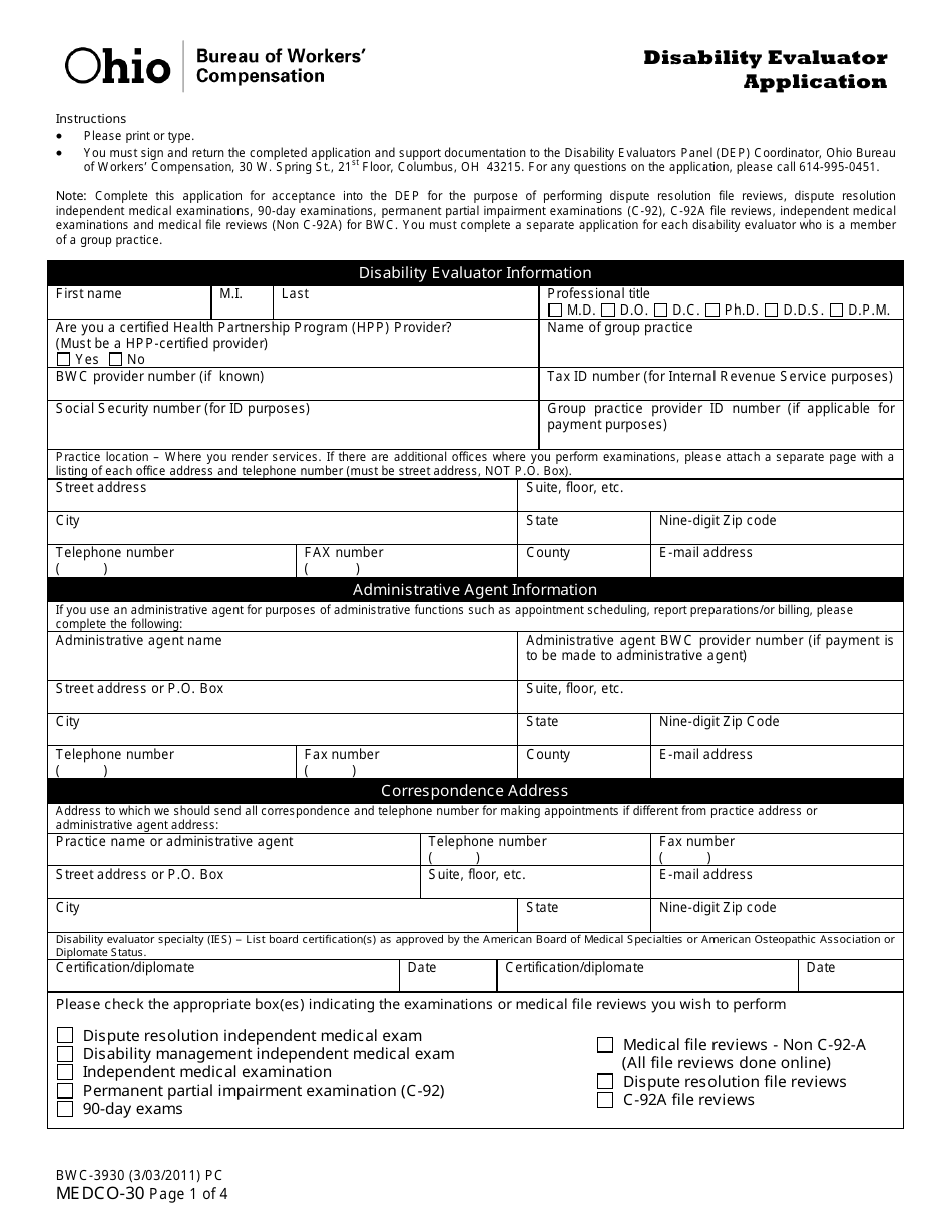 Form MEDCO-30 (BWC-3930) Disability Evaluator Application - Ohio, Page 1