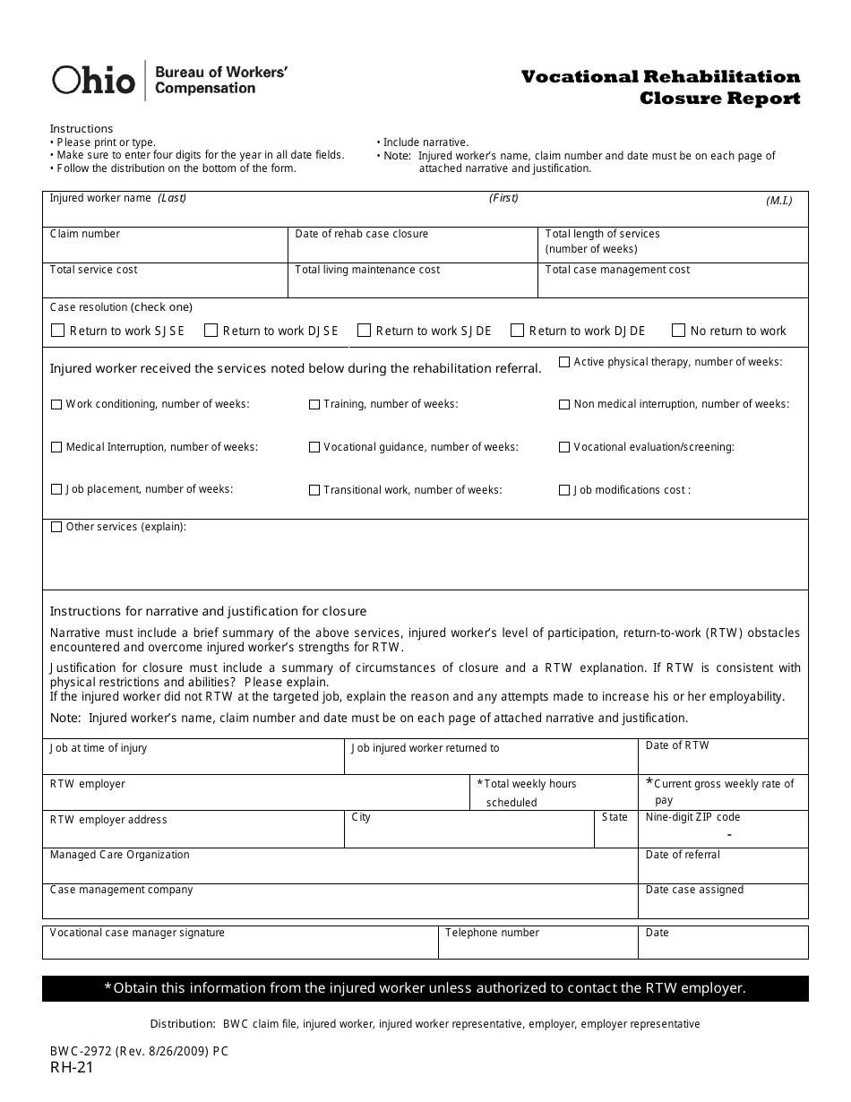 Form RH-21 (BWC-2972) Vocational Rehabilitation Closure Report - Ohio, Page 1