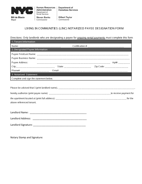 Living in Communities (Linc) Notarized Payee Designation Form - New York City