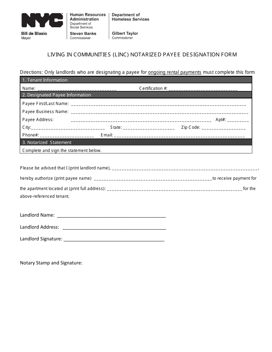 Living in Communities (Linc) Notarized Payee Designation Form - New York City, Page 1