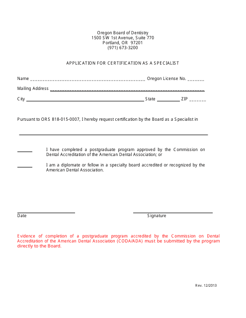 Application for Certification as a Specialist - Oregon Download Pdf