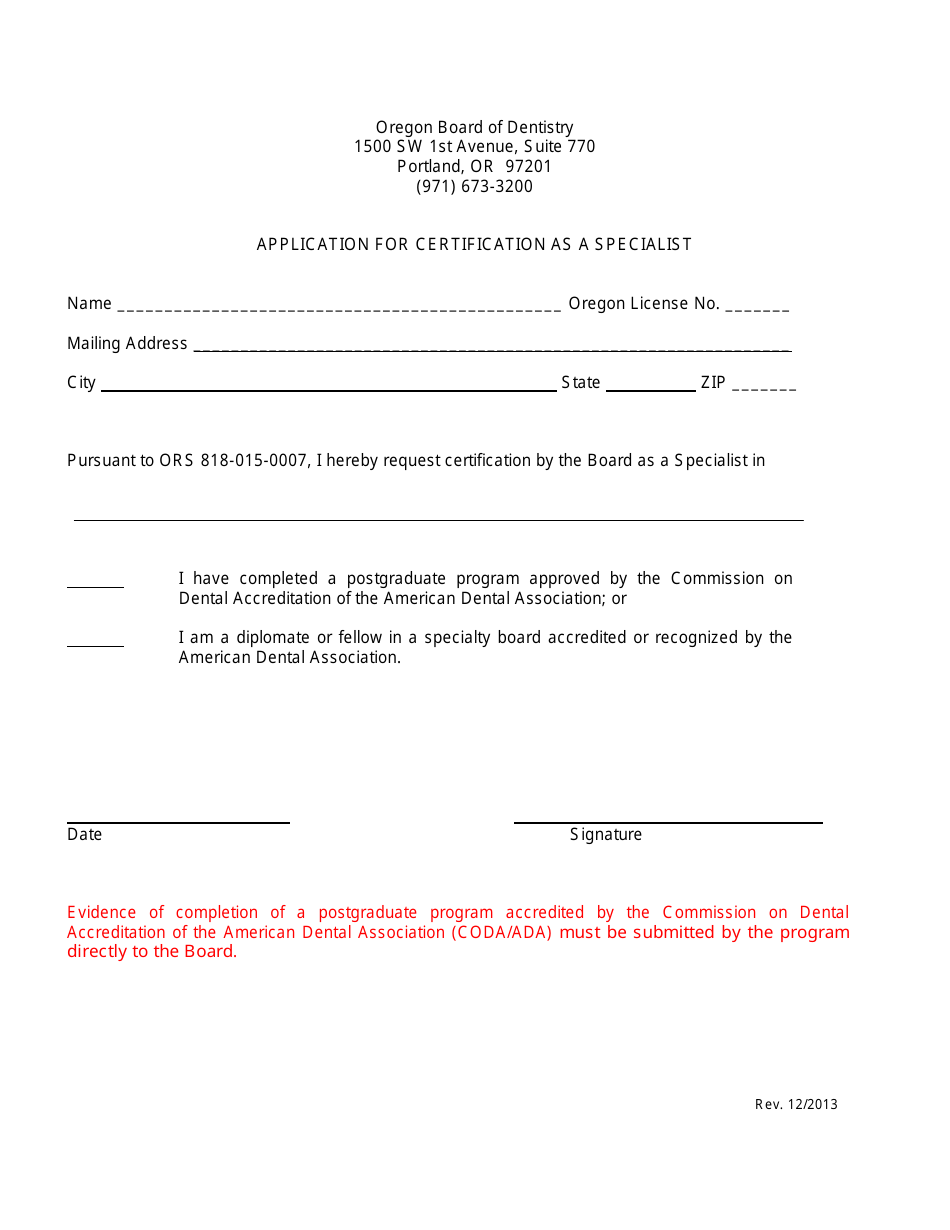 Application for Certification as a Specialist - Oregon, Page 1