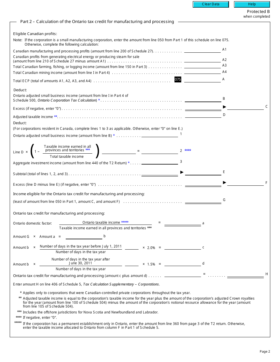 Form T2 Schedule 502 Ontario Tax Credit for Manufacturing and Processing (2012 and Later Tax Years) - Canada, Page 2