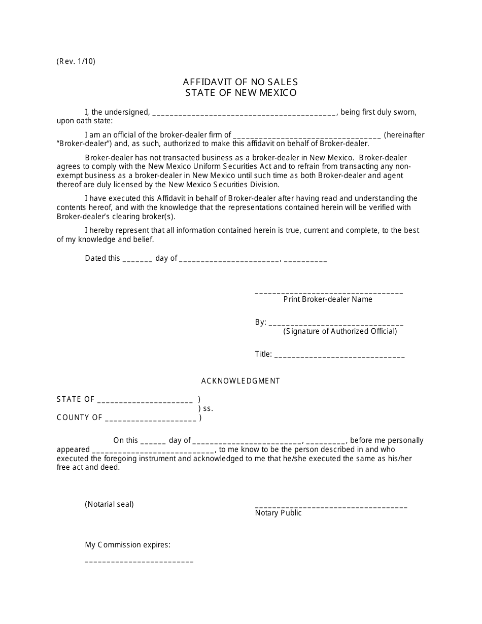 Affidavit of No Sales - New Mexico, Page 1