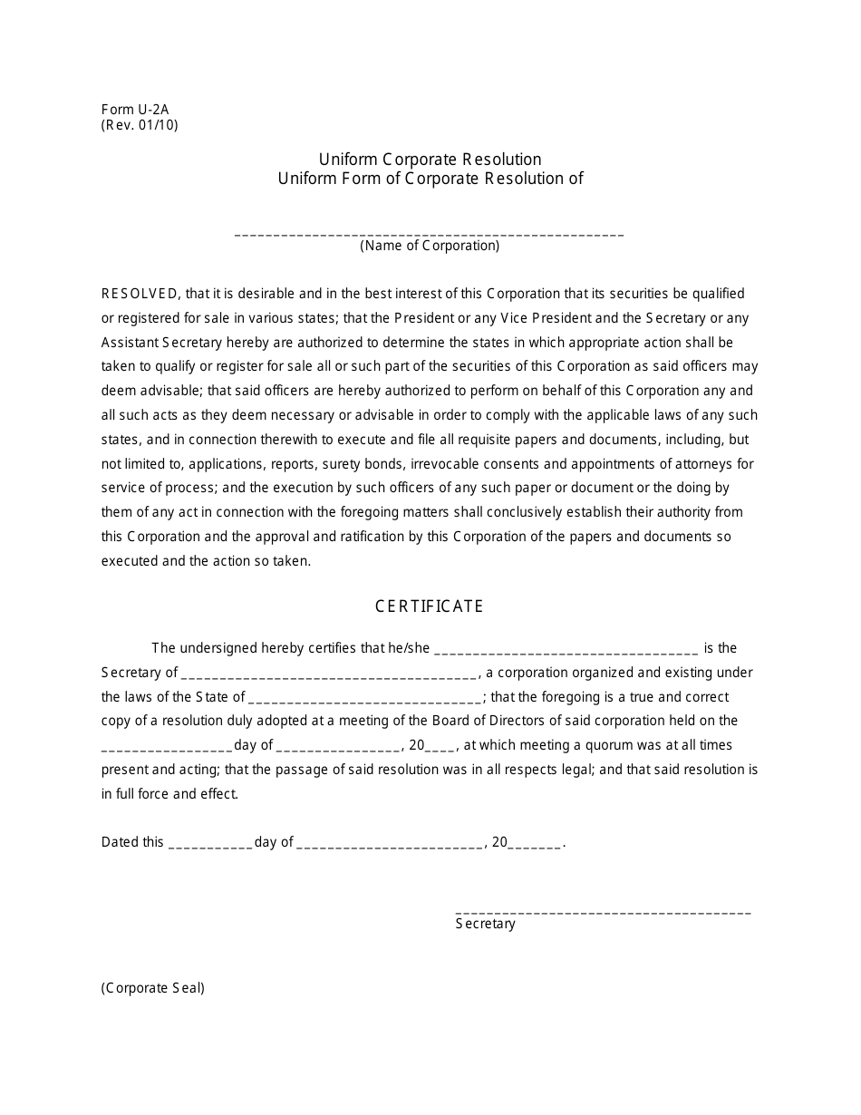 Form U-2A Uniform Corporate Resolution - New Mexico, Page 1