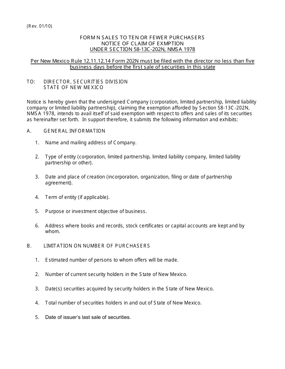 Form 202N Sales to Ten or Fewer Purchasers Notice of Claim of Exemption - New Mexico, Page 1