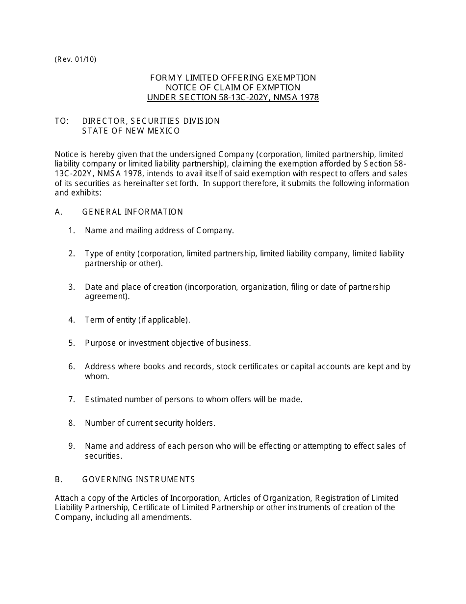 Form 202Y Limited Offering Exemption Notice of Claim of Exemption - New Mexico, Page 1