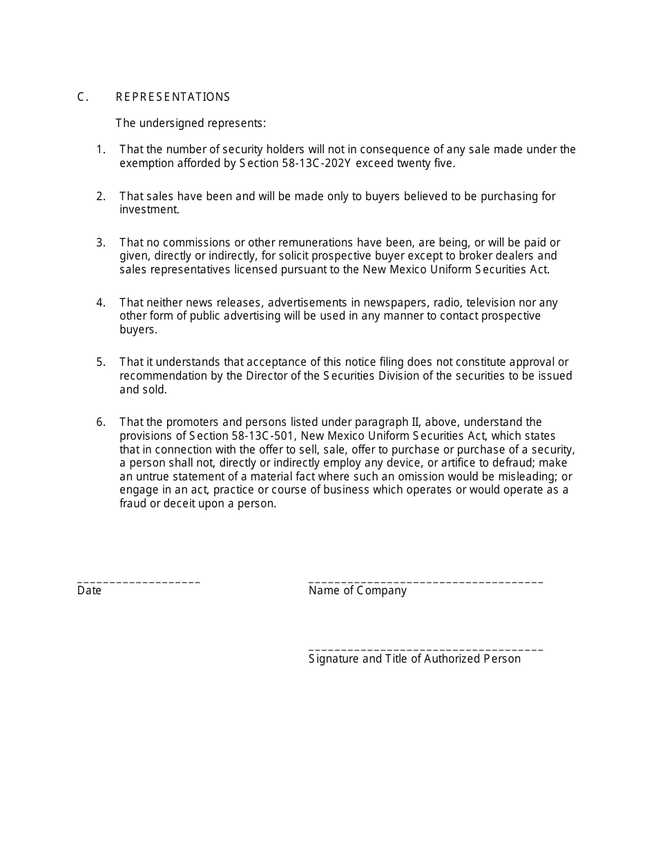 Form 202Y Limited Offering Exemption Notice of Claim of Exemption - New Mexico, Page 2