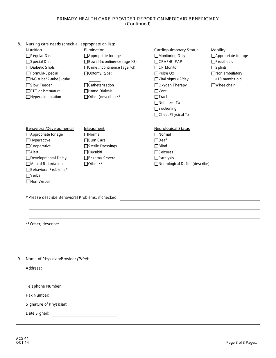 Form ACS-11 Primary Health Care Provider Report on Medicaid Beneficiary - New Jersey, Page 3