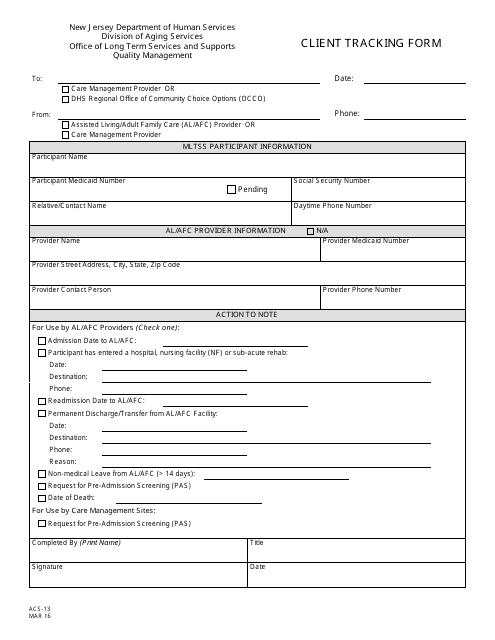 Form ACS-13 Client Tracking Form - New Jersey
