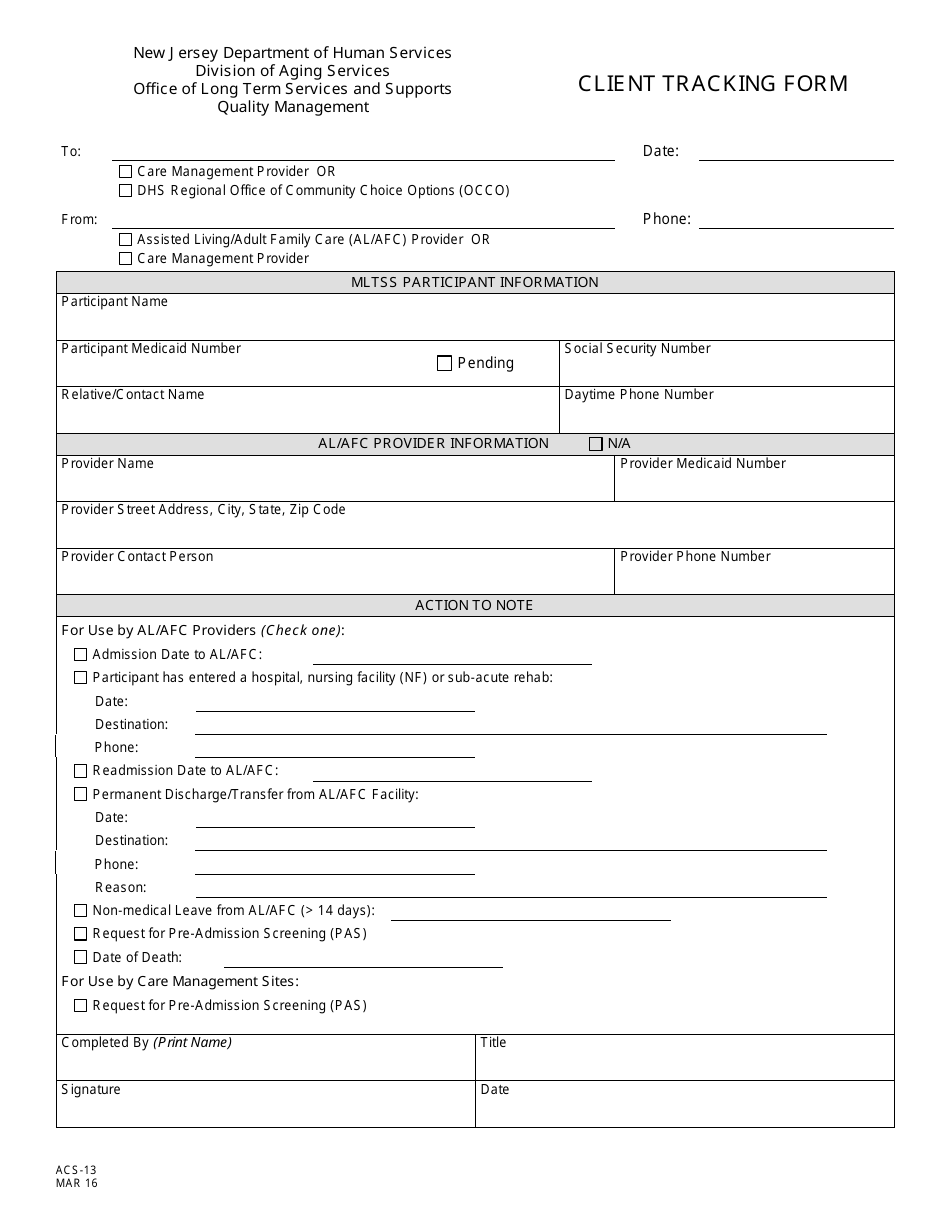 Form ACS-13 Client Tracking Form - New Jersey, Page 1